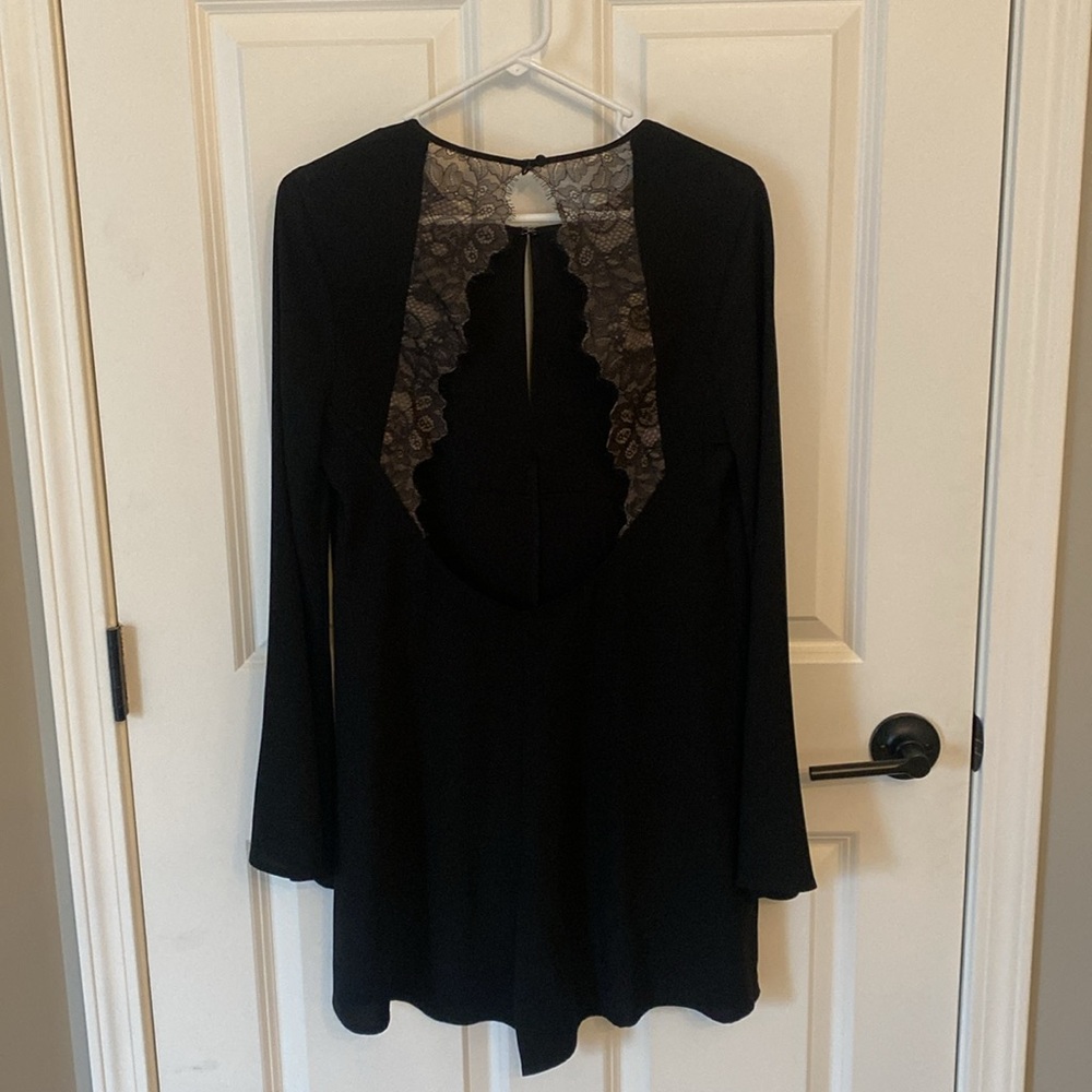 BCBG black open back lace romper - size small
